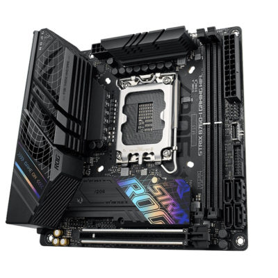 Матплата ASUS ROG STRIX B760-I GAMING WIFI, LGA1700, Intel B760, 2xDDR5 PC60800, 1xPCI-E 5.0×16, Sound8Ch, GLAN, 4SATA+2M.2, RAID, mATX, 8USB3.2+5USB2.0, 1xHDMI, DP, WiFi