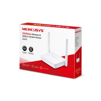 Беспроводной маршрутизатор Mercusys MW300D ADSL2+ modem, 300Мбит/с 3xLAN 100Мбит/с 1xWAN 100Мбит/с 2 х 3 дБи ант. 2,4-2,4835 ГГц