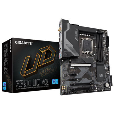 Матплата Gigabyte Z790 UD AX, LGA1700, Intel Z790, 4xDDR5 PC60800, 3xPCI-E 3.0×16, 2xPCI-E 3.0×1, Sound8Ch, GLAN, 6SATA+3M.2, RAID, ATX, 9USB3.2+8USB2.0, HDMI, DP, WiFi, Bluetooth