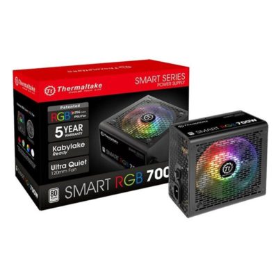 Блок питания 700W Thermaltake, Smart RGB, ATX, 80 PLUS®, APFC, 20+4 pin, 4+4pin, 5*Sata, 4*Molex, 1*FDD, 2*PCI-E 6+2 pin, Вентилятор 12 см, Кабель питания, Чёрный [PS-SPR-0700NHSAWE-1]