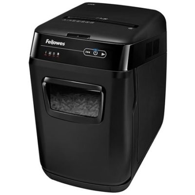 Шредер Fellowes AUTOMAX 150C Уровень секретности P-4, Фрагмент 4х38 мм, Подача 8(150) лист, Ёмкость корзины 32 л, Уничтожение скоб, скрепок, пл. карт, Чёрный