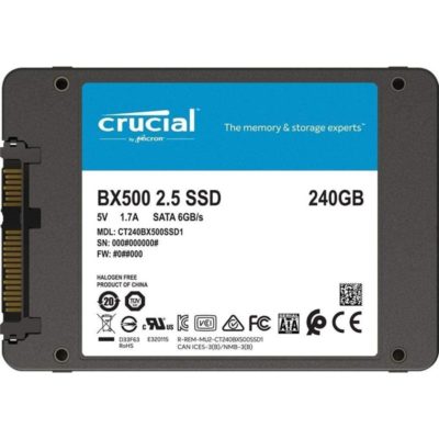 Твердотельный накопитель SSD 240GB Crucial [CT240BX500SSD1] BX500 3D NAND SATA 2.5-inch, Read/Write up 540/500MB/s, 1.5Mh(MTBF)