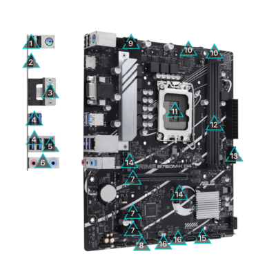 ASUS PRIME B760M-K D4 mATX,LGA1700,Intel B760,2*DDR4 3200MHz,3*PCI-E4.0,2*M.2,4*Sata,6Gb/s,1*2.5Gb Lan,5*USB3.2,4*USB2,HDMI2.1,VGA